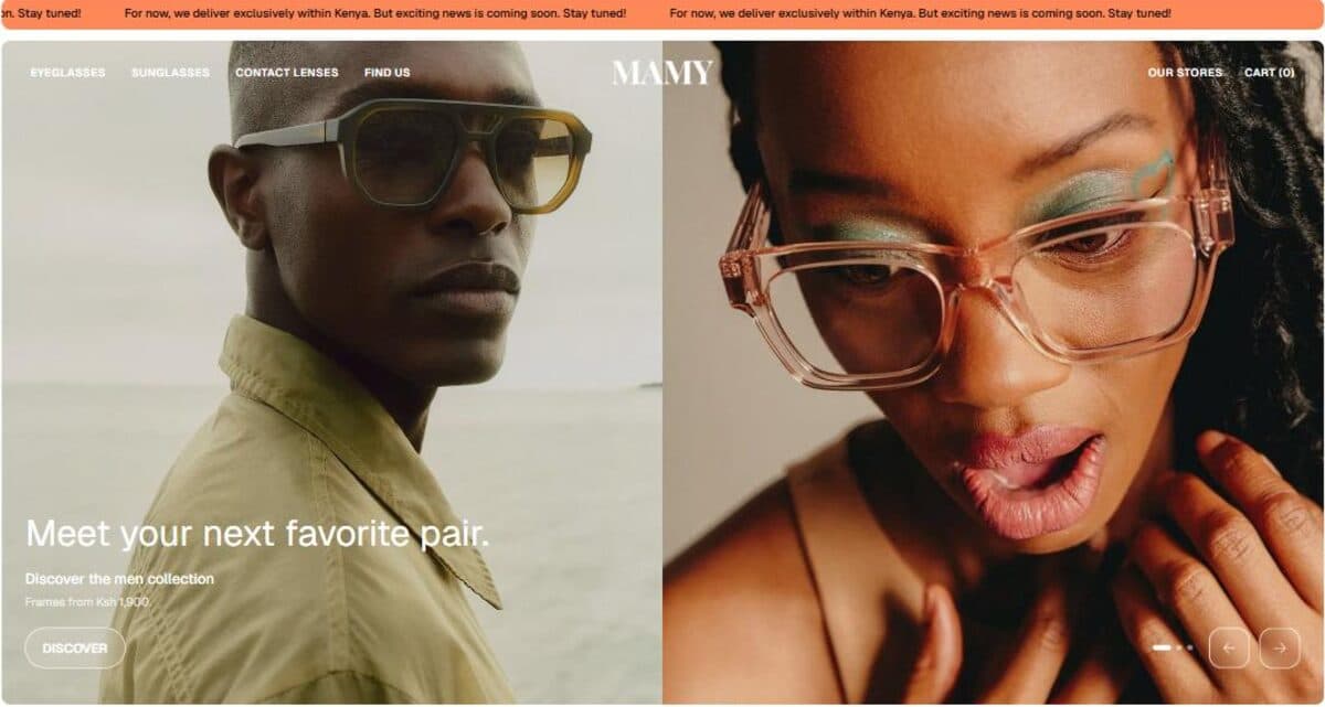 Mamy Opticians storefront homepage — split editorial hero of two models wearing frames.
